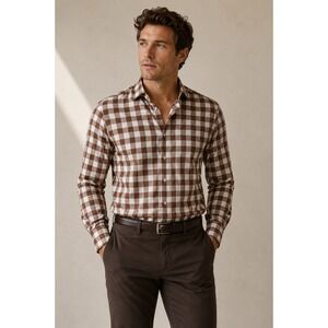 Eton Contemporary Cotton Silk Button Shirt Men's S Brown White Gingham Check